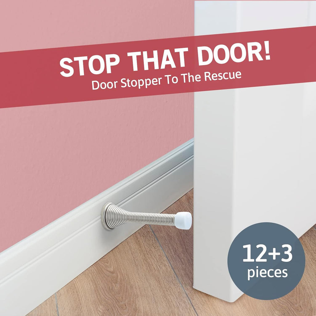 Jack N’ Drill (3 ⅛) Spring Door Stopper (7 Pack) W/ 3X Hinge Pin Door Stops | Flexi Heavy Duty Door Stops for Bottom of Door for Home, Office - Rustproof, Bendable Spring Steel & Durable Rubber Tips