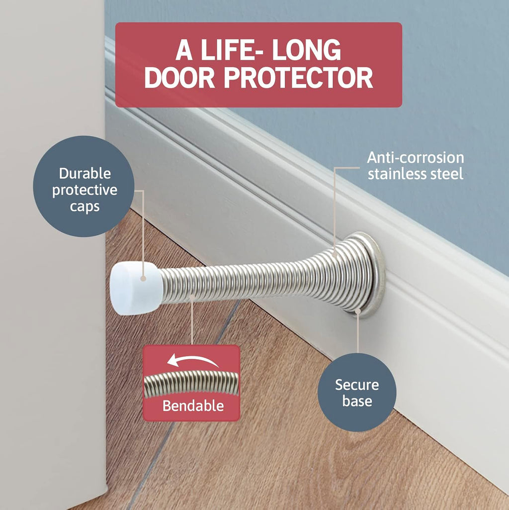 Jack N’ Drill (3 ⅛) Spring Door Stopper (7 Pack) W/ 3X Hinge Pin Door Stops | Flexi Heavy Duty Door Stops for Bottom of Door for Home, Office - Rustproof, Bendable Spring Steel & Durable Rubber Tips