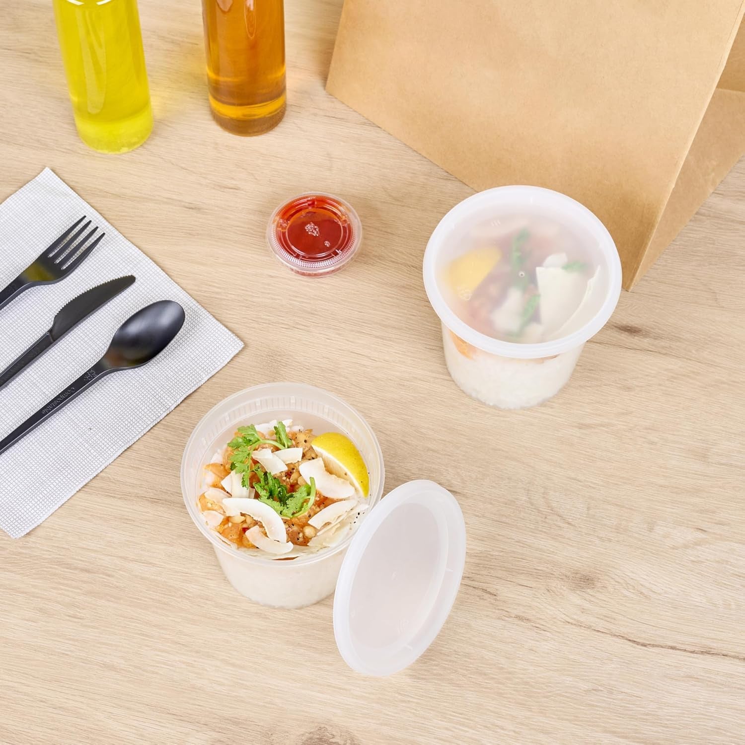 -Asporto 24 Ounce to Go Boxes, 100 Microwavable round Soup Containers - Clear Plastic Lids Included, Do Not Contain BPA, Clear Plastic Soup Containers, Disposable