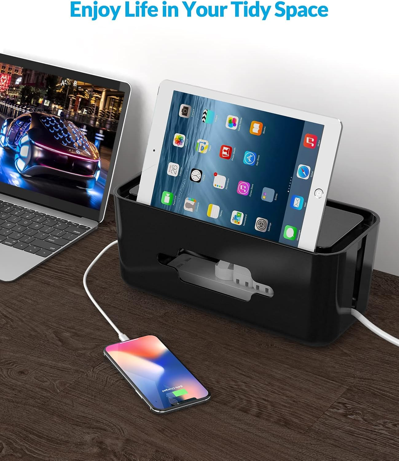 Cable Management Box,  Cable Organizer Box with Phone Stand, 16.9 X 7.1 X 6.3 Inches Wire Cable Hide Box for Power Strips, Surge Protectors, Chargers, Adapters - Extral Large