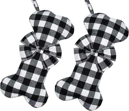 2 Pack Pet Dog Christmas Stockings Classic Buffalo Black White Plaid Large Bone Shape Hanging Christmas Stocking for Dogs Pets