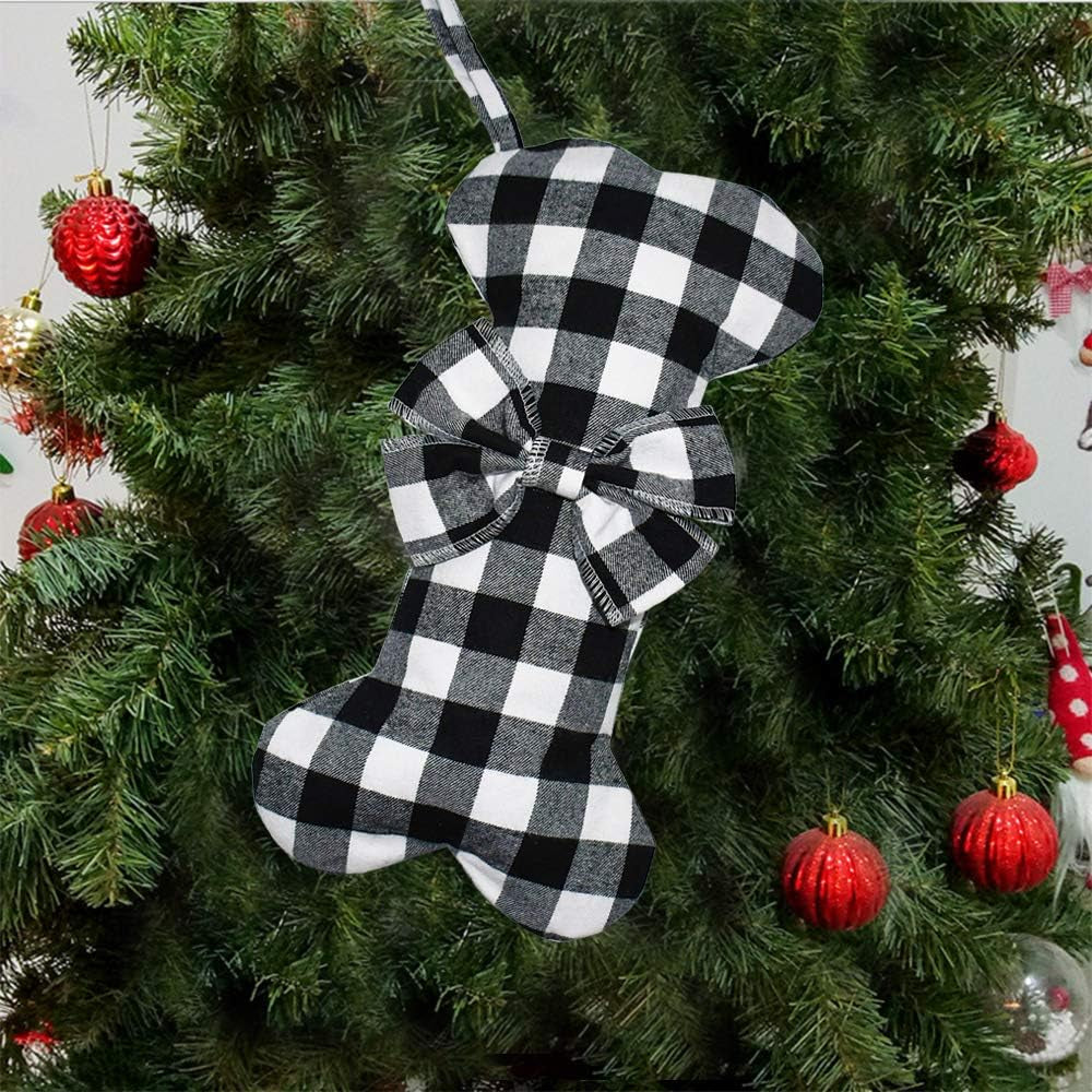 2 Pack Pet Dog Christmas Stockings Classic Buffalo Black White Plaid Large Bone Shape Hanging Christmas Stocking for Dogs Pets