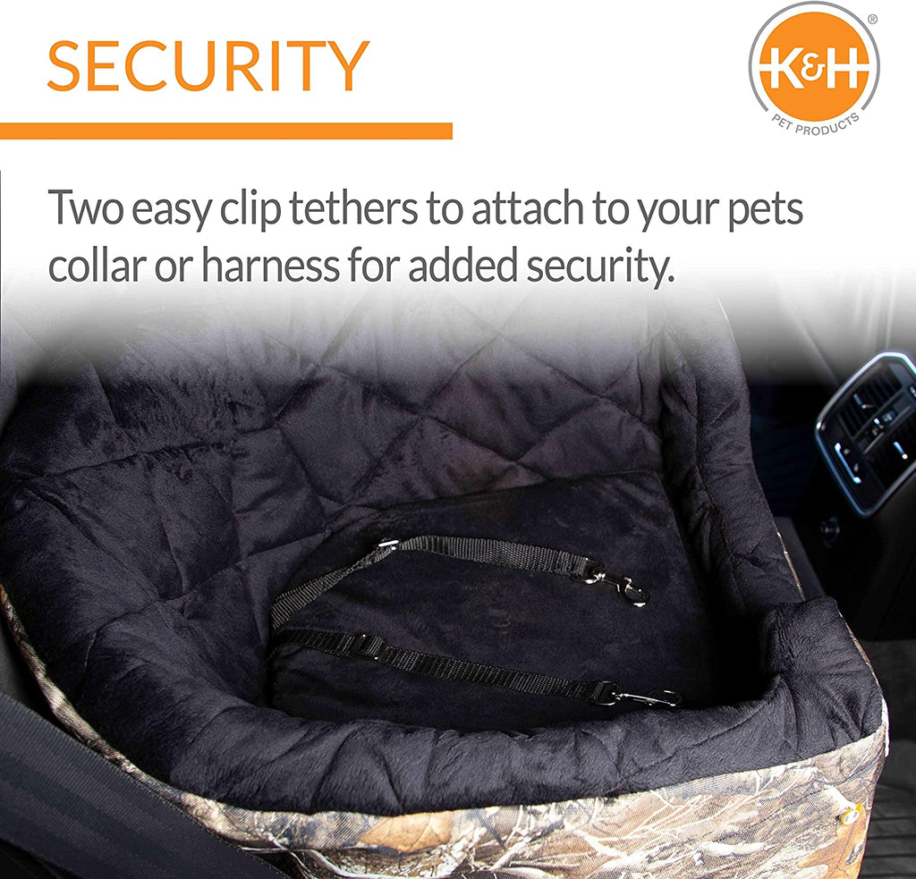 Original Bucket Booster Dog Car Seat, Belt Secured, 2 Safety Leashes, Washable Covers, Sturdy Booster for Small to Medium Pets - Large Realtree Edge Camo