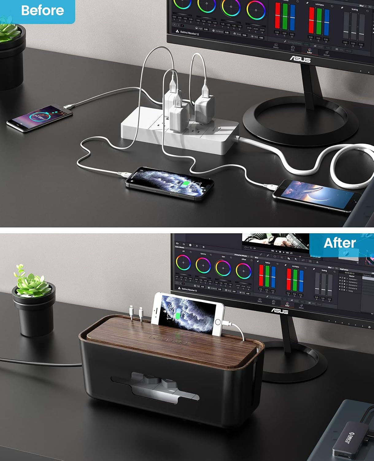 Cable Management Box with Phone Holder, 12.2 X 5.4 X 5.1 Inches Wooden Print(Abs Material) Cable Hiding Box Medium Wires Hider for Small Power Strips, Surge Protectors, Chargers, Adapters -Black