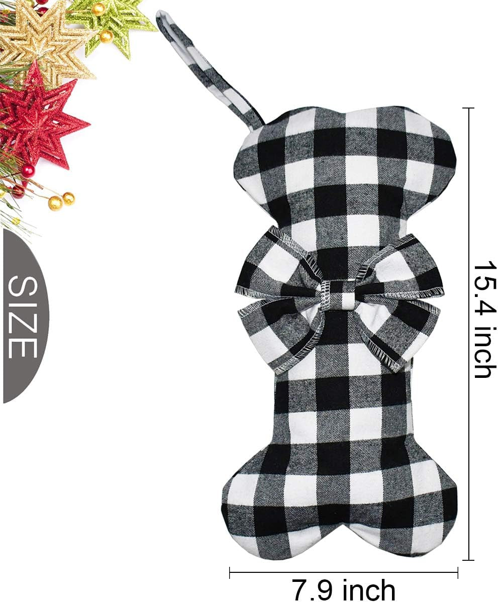 2 Pack Pet Dog Christmas Stockings Classic Buffalo Black White Plaid Large Bone Shape Hanging Christmas Stocking for Dogs Pets