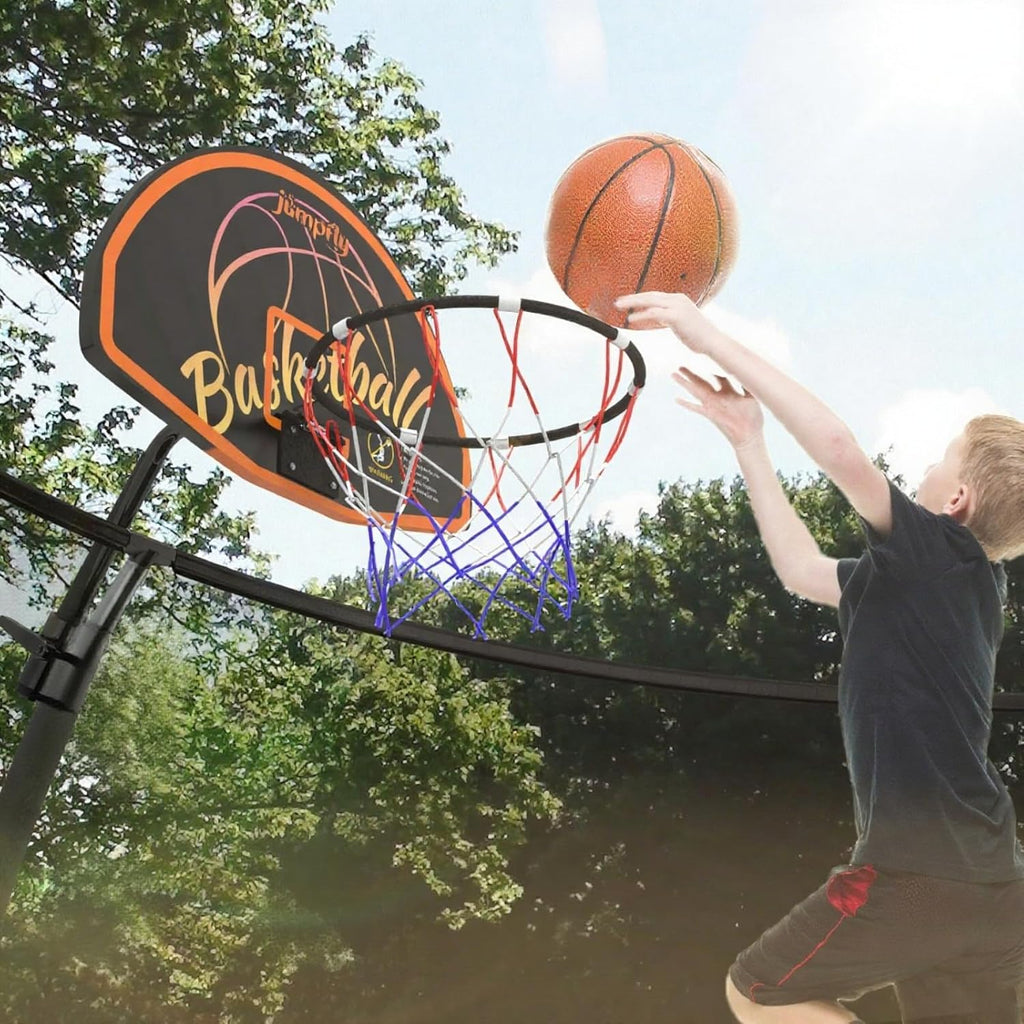 Trampoline Basketball Hoop Attachment, Basketball Hoop for Trampoline Easy to Install, Universal Trampoline Accessories Fits Straight Pole & Curved Pole with Mini Balls & Pump
