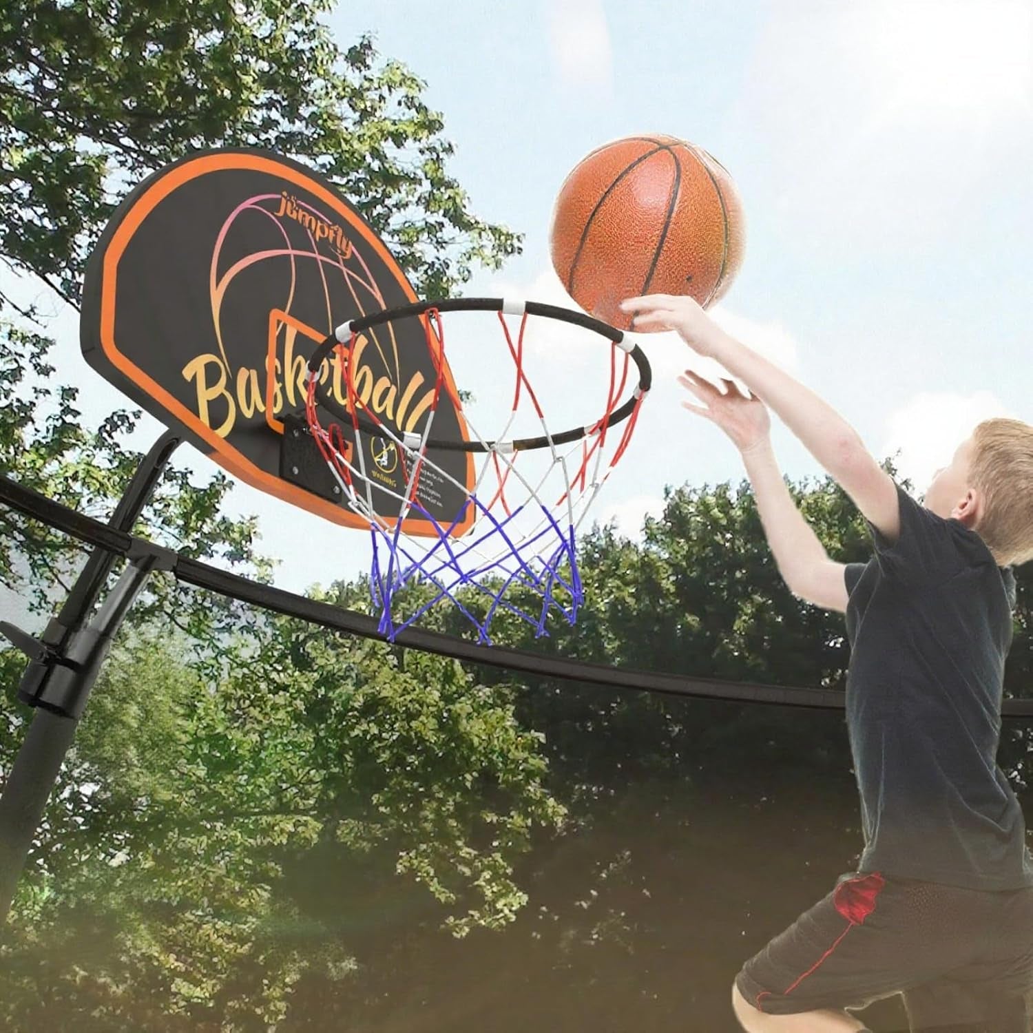 Trampoline Basketball Hoop Attachment, Basketball Hoop for Trampoline Easy to Install, Universal Trampoline Accessories Fits Straight Pole & Curved Pole with Mini Balls & Pump