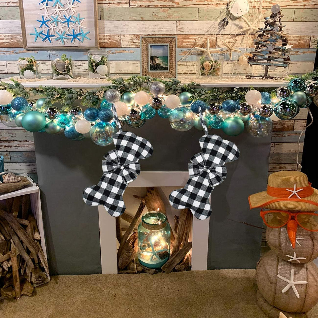 Pet Dog Christmas Stockings Classic Buffalo Black White Plaid Large Bone Shape Hanging Christmas Stocking for Dogs Pets