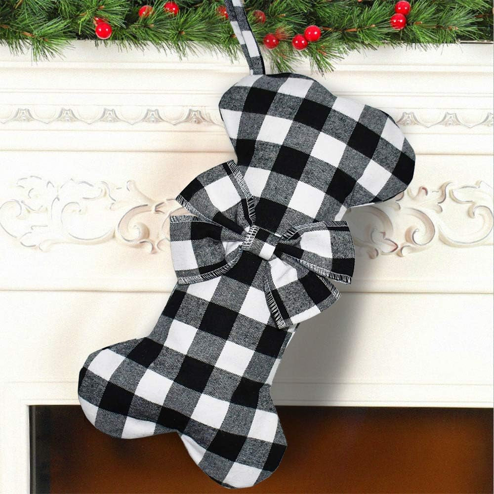 2 Pack Pet Dog Christmas Stockings Classic Buffalo Black White Plaid Large Bone Shape Hanging Christmas Stocking for Dogs Pets