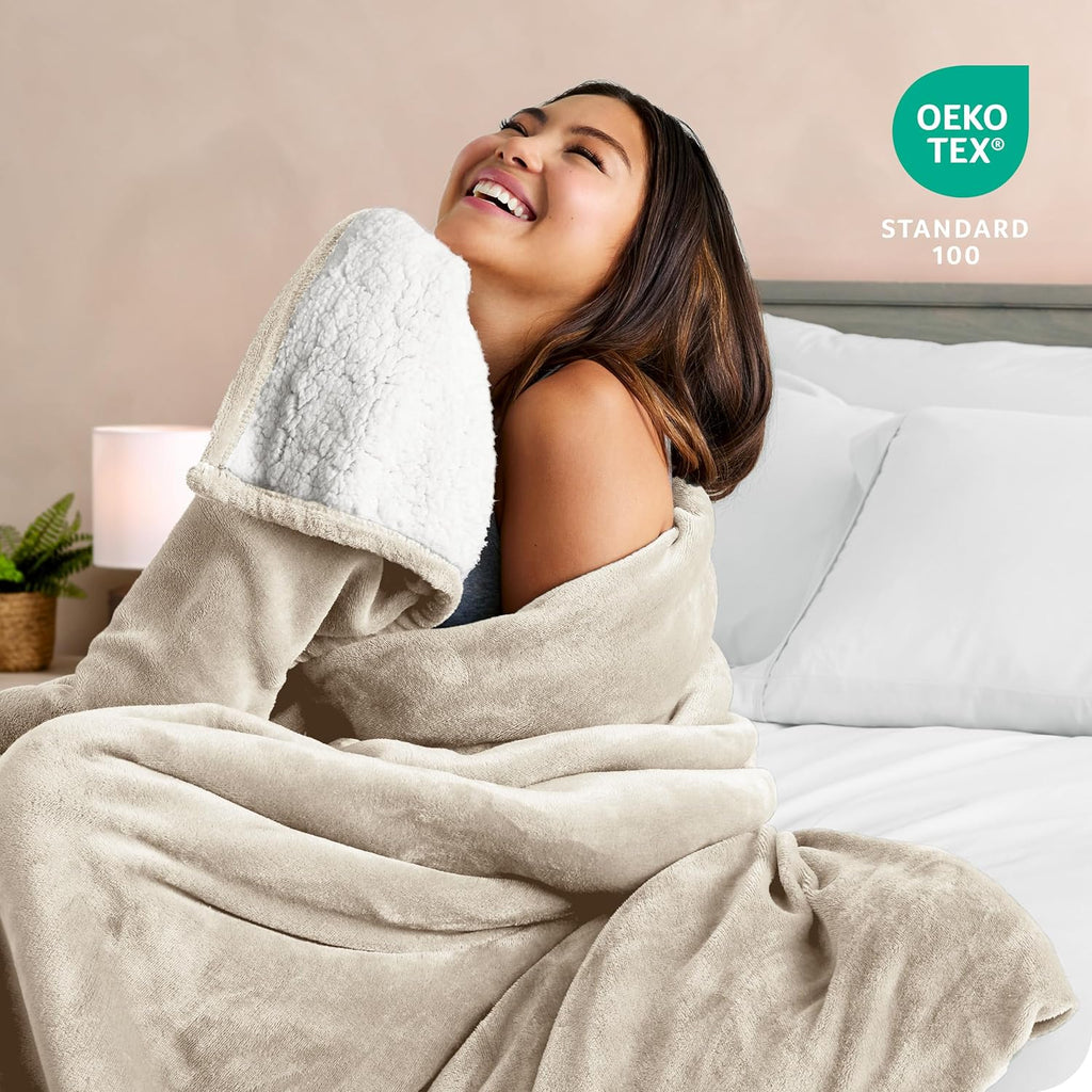Sherpa Fleece Blanket - Throw/Travel Size - Blanket for Bed, Sofa, and Couch - Warm & Lightweight - Fluffy & Soft - Reversible (Throw/Travel, Oyster)