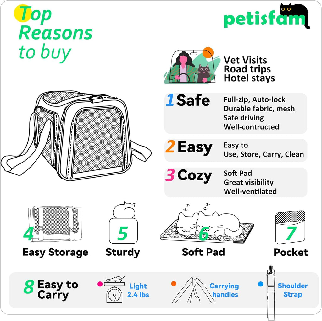 Top Load Cat Carrier for Medium Cats and Small Dogs with Washable Cozy Bed, 3 Doors and Shoulder Strap. Easy to Get Cat In, Easy Storage, Lightweight, Airline Approved