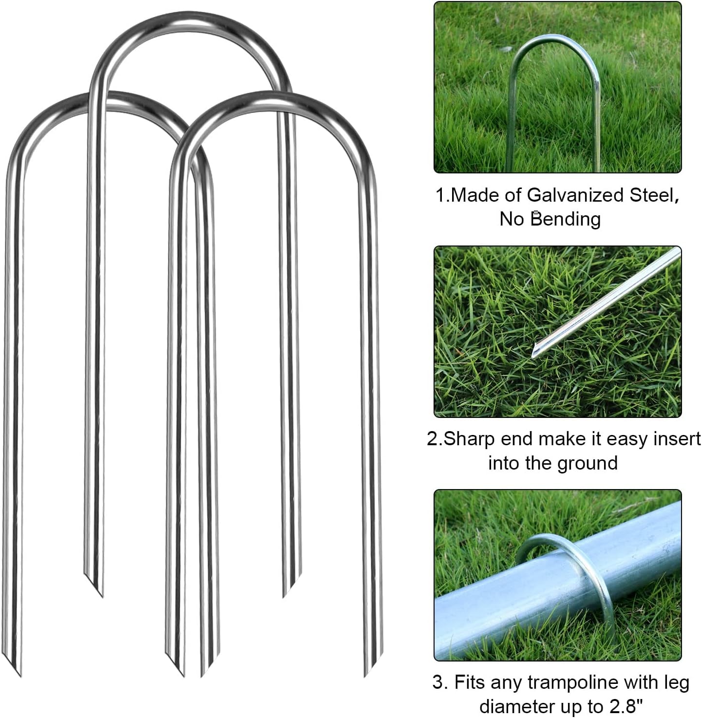 Trampolines Wind Stakes Heavy Duty U Type Sharp Ends Safety 12Inch Ground Anchor Galvanized Steel for Soccer Goals, Camping Tents and Huge Garden Decoration (Trampoline Anchors 8Pcs)