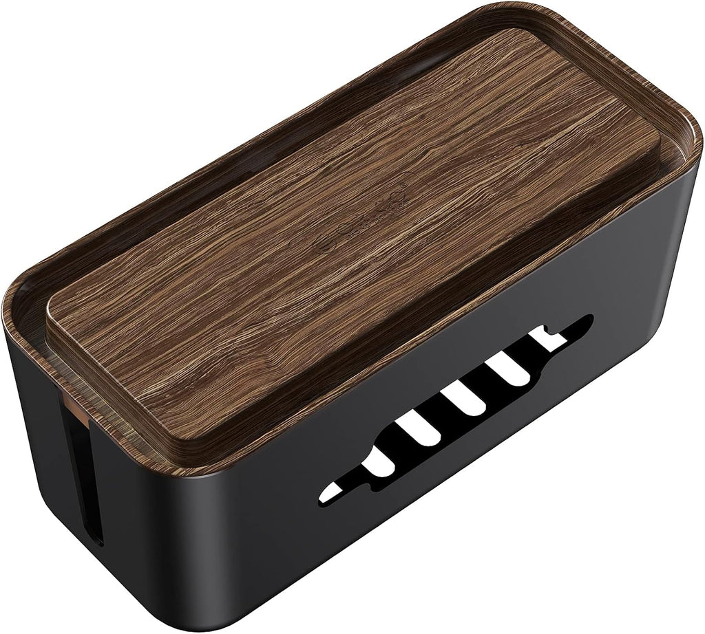Cable Management Box with Phone Holder, 12.2 X 5.4 X 5.1 Inches Wooden Print(Abs Material) Cable Hiding Box Medium Wires Hider for Small Power Strips, Surge Protectors, Chargers, Adapters -Black