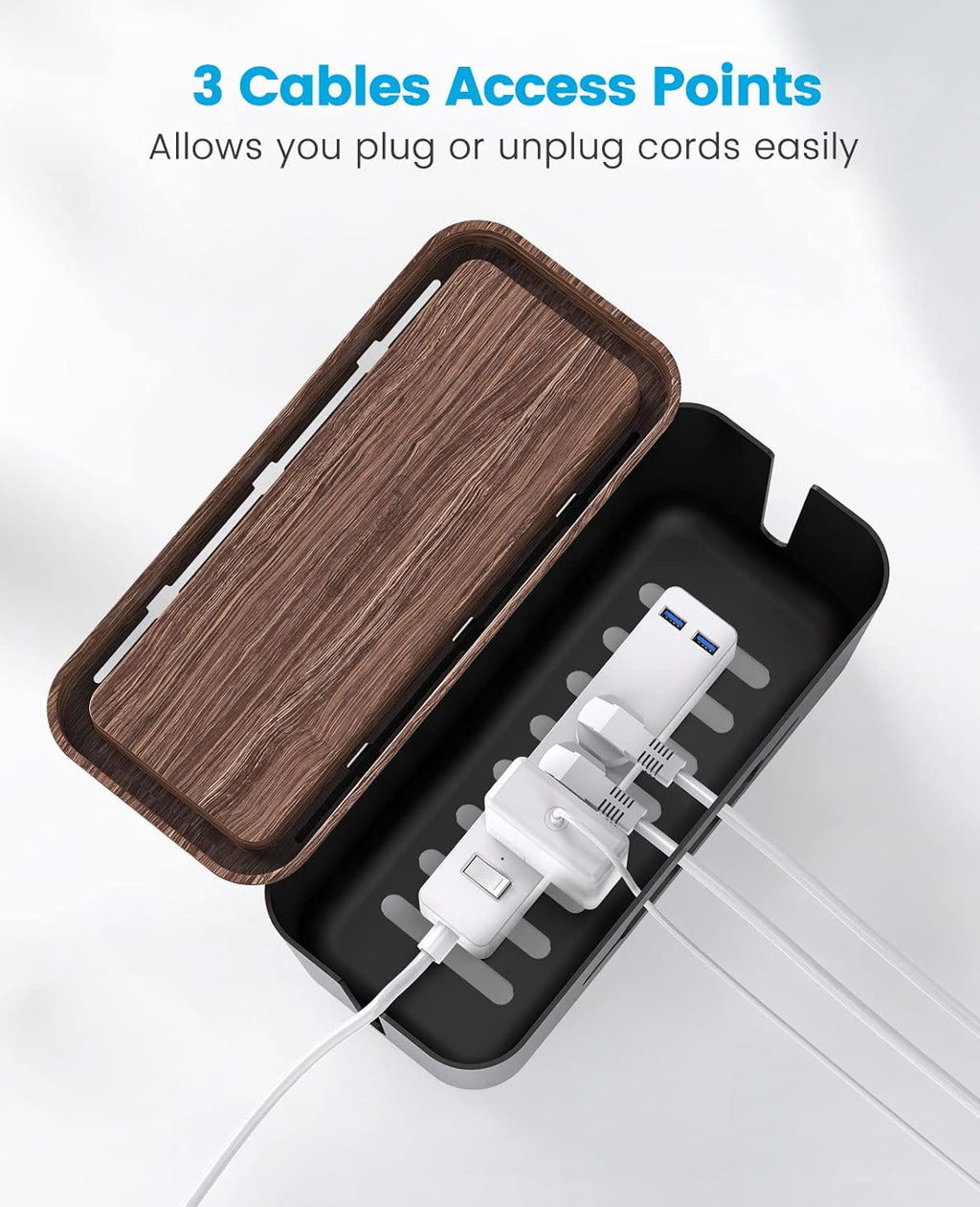 Cable Management Box with Phone Holder, 12.2 X 5.4 X 5.1 Inches Wooden Print(Abs Material) Cable Hiding Box Medium Wires Hider for Small Power Strips, Surge Protectors, Chargers, Adapters -Black
