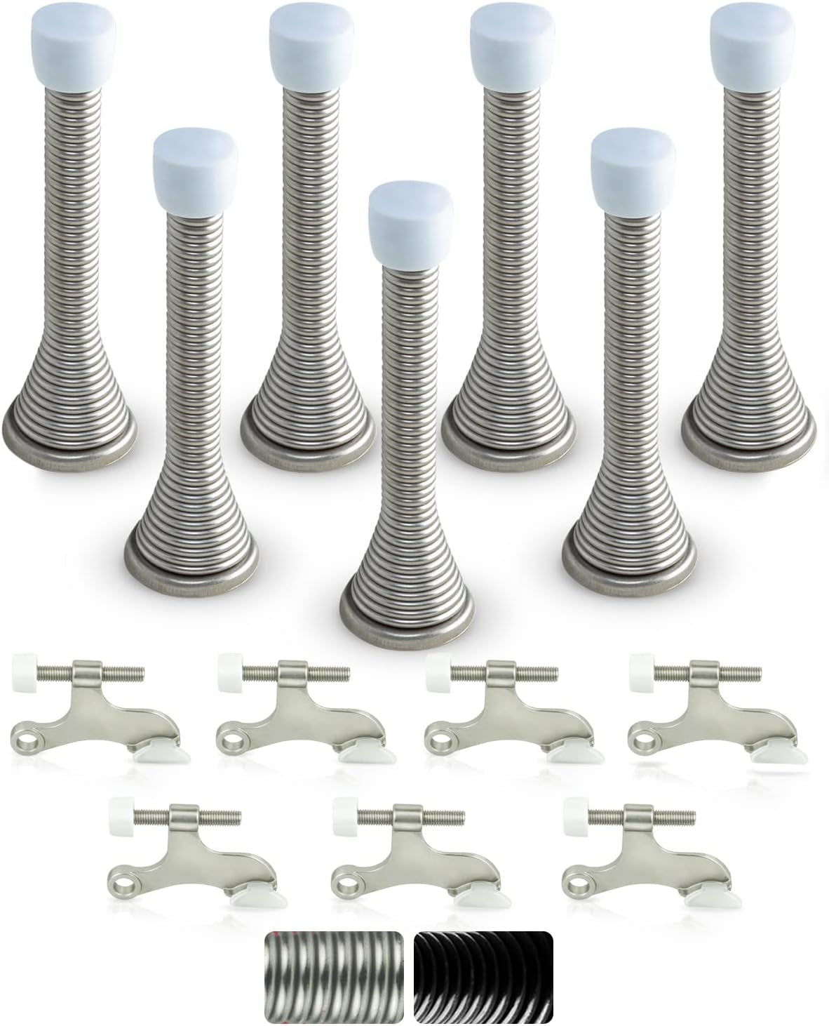 Jack N’ Drill (3 ⅛) Spring Door Stopper (7 Pack) W/ 3X Hinge Pin Door Stops | Flexi Heavy Duty Door Stops for Bottom of Door for Home, Office - Rustproof, Bendable Spring Steel & Durable Rubber Tips