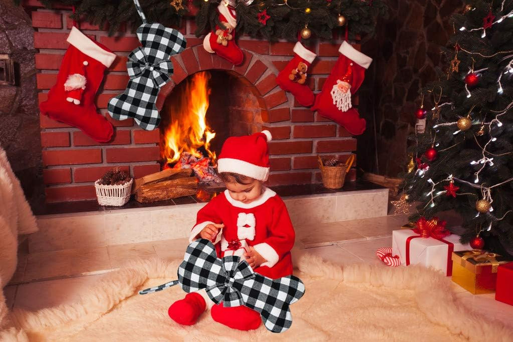 2 Pack Pet Dog Christmas Stockings Classic Buffalo Black White Plaid Large Bone Shape Hanging Christmas Stocking for Dogs Pets