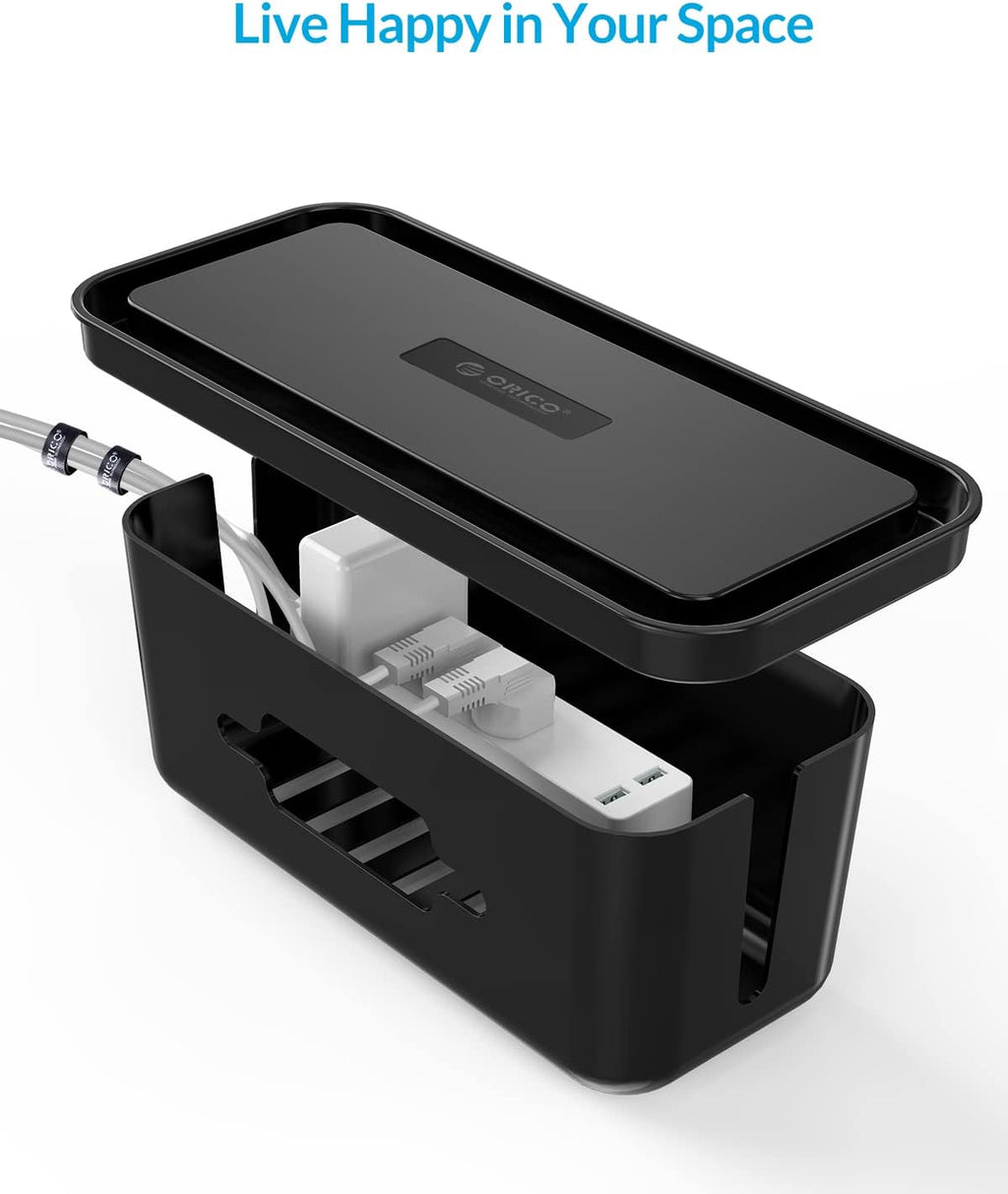 Cable Organizer Box Set, 2 Cable Box with Phone Tablet Holder Stand and a Roll of Black Hook and Loop Tape, Large and Medium Cable Management Box to Hold and Hide Power Strip/Power Cord-Black