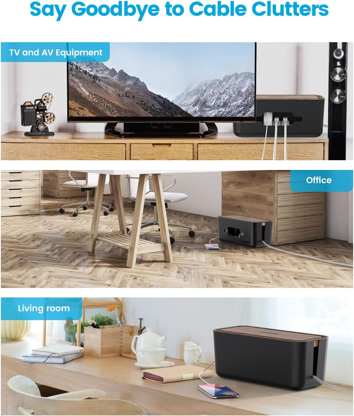 Cable Management Box with Phone Holder, 12.2 X 5.4 X 5.1 Inches Wooden Print(Abs Material) Cable Hiding Box Medium Wires Hider for Small Power Strips, Surge Protectors, Chargers, Adapters -Black