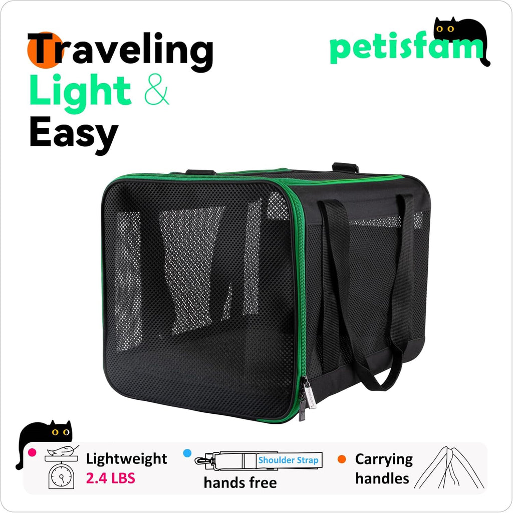 Quick-In Pet Carrier for Cats. 360° Airy Mesh Windows Let Fur-Kids See You & Breath Easy, Reduce Travel Anxiety. Rip-Stop Fabric & Lockable Zips Hug Securely. Washable Pad. Adjustable Shoulder Strap